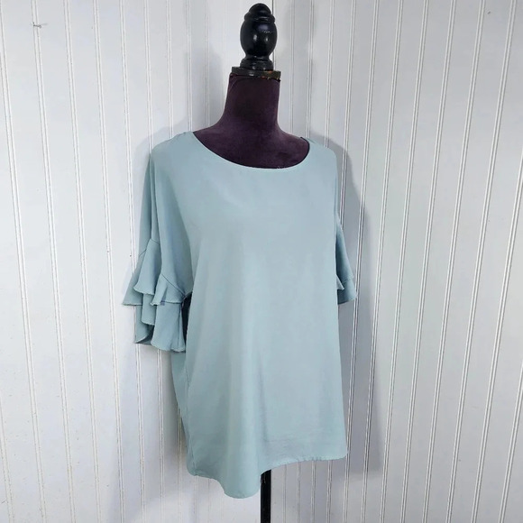 Les Amis Womens Pullover Blouse Aqua Blue Flutter Ruffle Short Sleeve Sz L - Picture 2 of 10